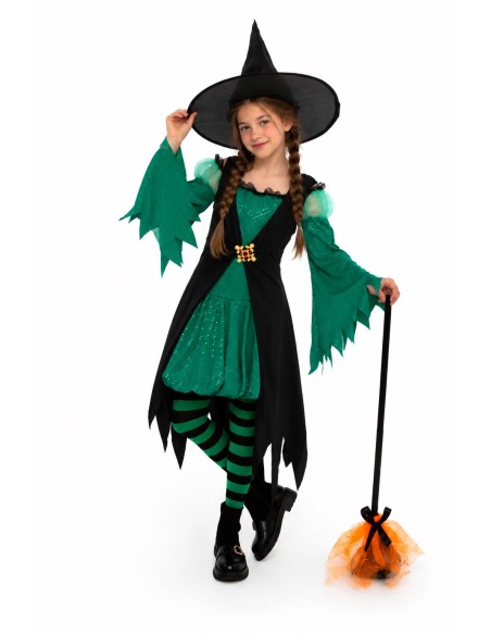 Disfraz Bruja Verde Esmeralda de alta calidad, ideal para carnaval, fiestas temáticas y eventos especiales.